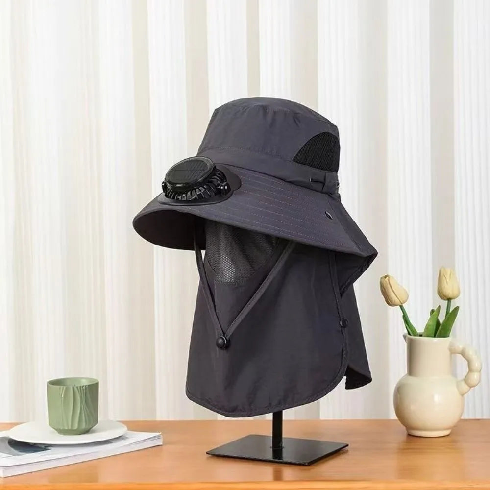 Portable Solar Rechargeable Fan Hat Adjustable with Face Cover Fishing Sun Shading Hat Long-lasting 1000mA Wide Brim Fan Hat